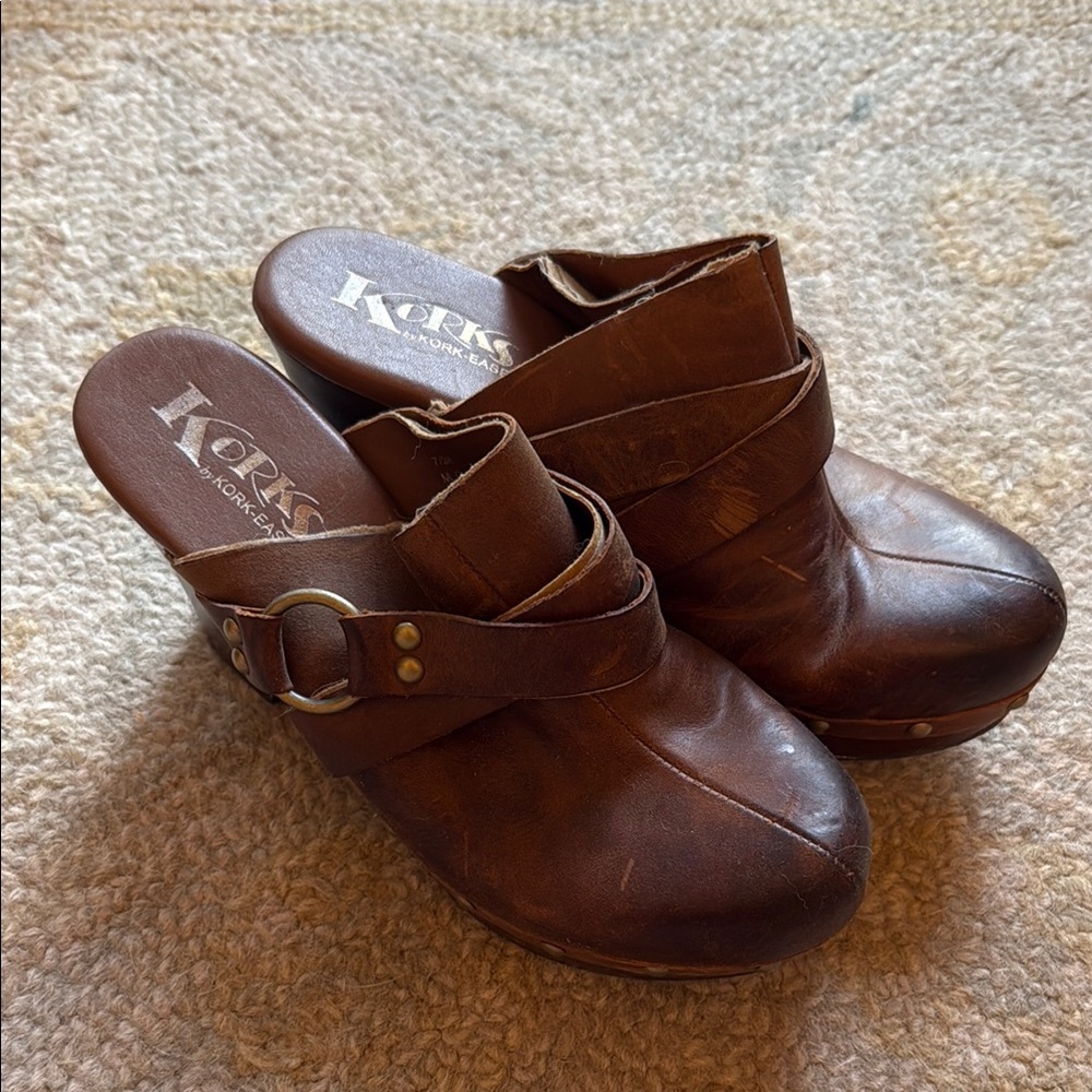 Kork-Ease Brown Leather Mules with Buckle